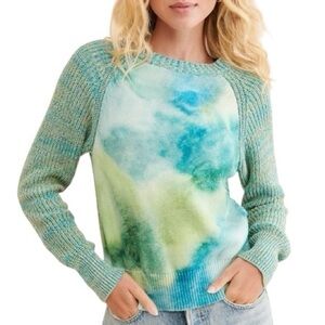 Anthropologie Giada Aqua Blue Lime Green Watercolor Tie Dye Knit Sweater - XS